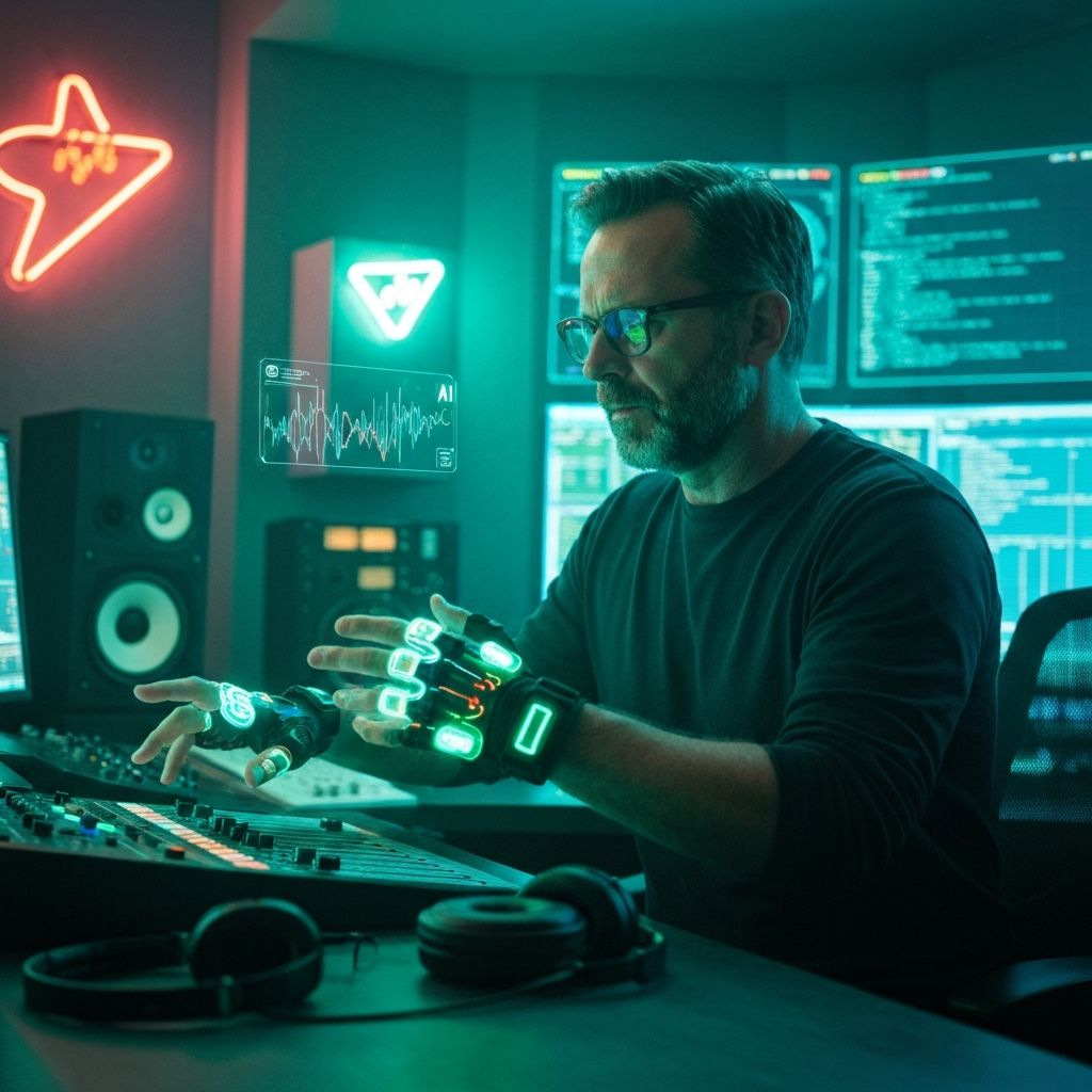 Producer creating beats in studio with BeatGloves